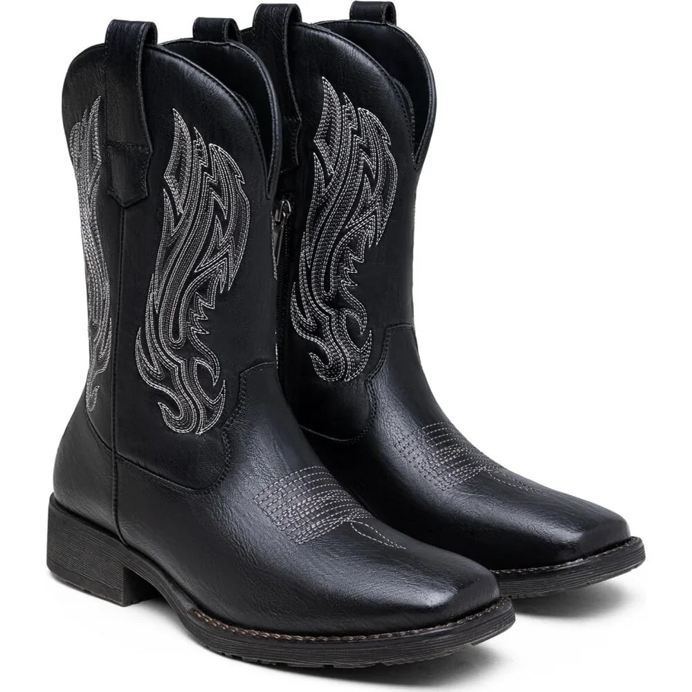 🆕Jousen Mens Amy8420-black Embroidery Retro Square Toe Chunky Heeled Boots - Picture 6 of 12